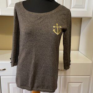 Mango Womens Pullover Sweater Shirt L/XL Black and Gold Embroidered Anchor